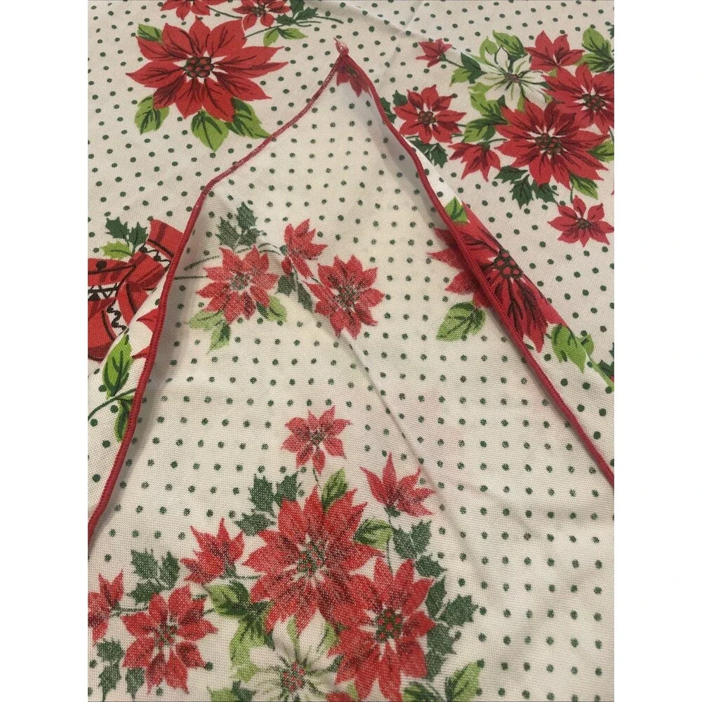 Vtg Christmas Tablecloth White w/ Red Poinsettia & Bells Green Polka Dots 58x81”